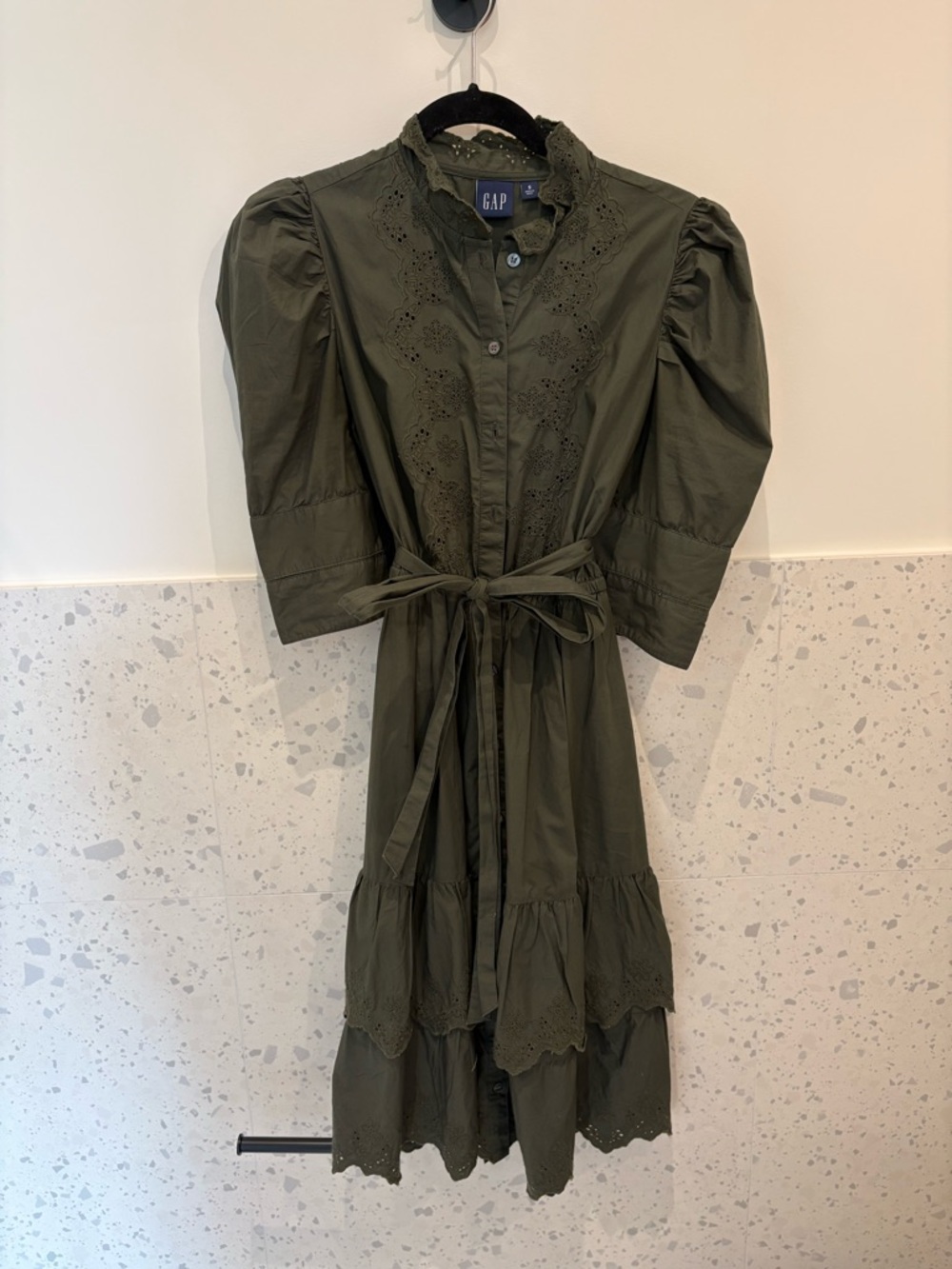 GAP Olive Green Eyelet Tie Midi Dress